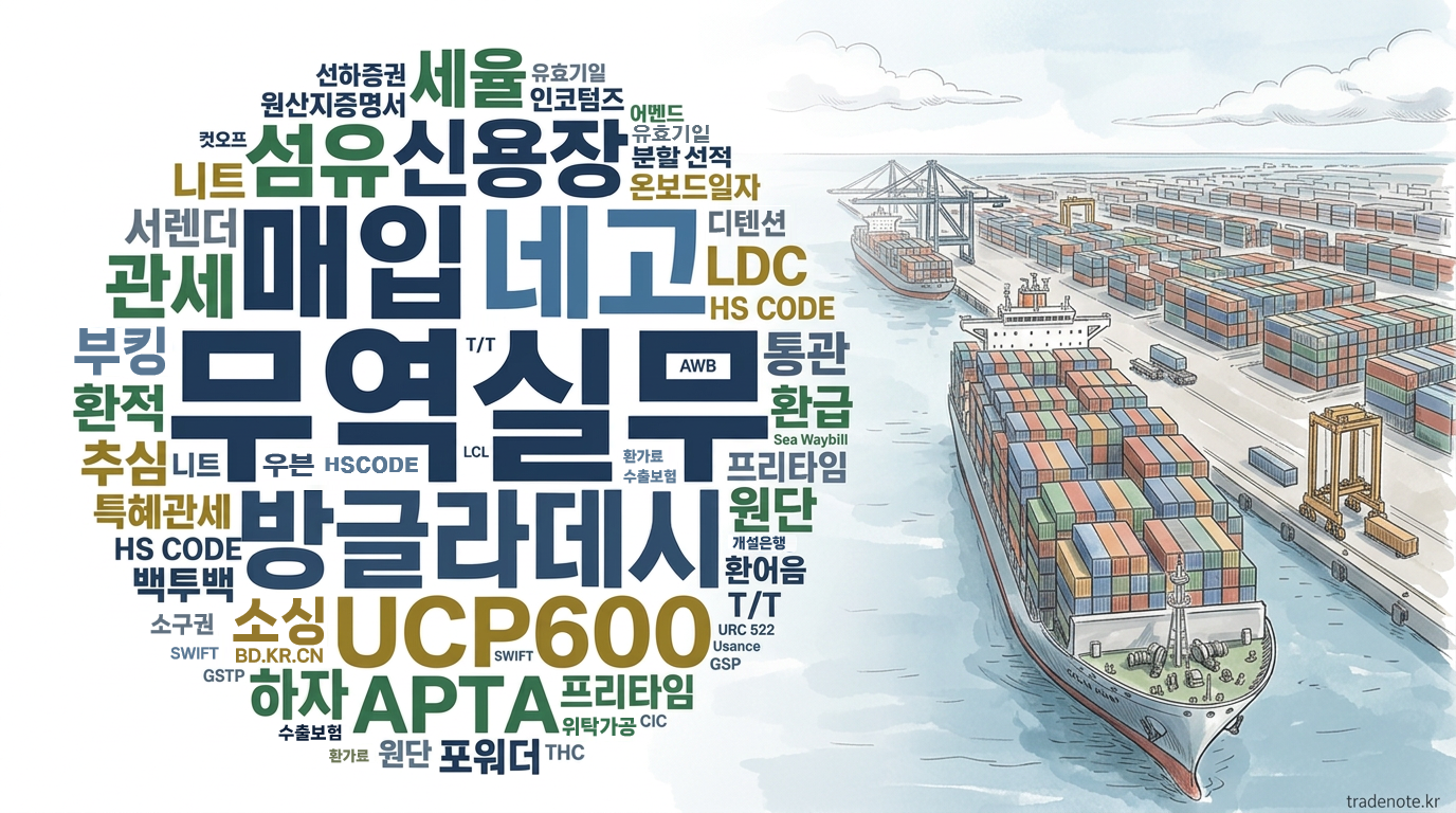 무역실무 키워드 워드클라우드 - 핸드드로잉 컨테이너선 부감과 컨테이너 야드 배경